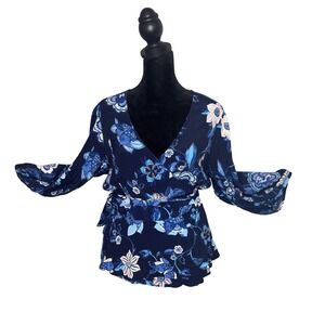 Gap Kimono Wrap Top‎ BOHO Blue Floral Size L Tie Waist Peplum Balloon Sleeve